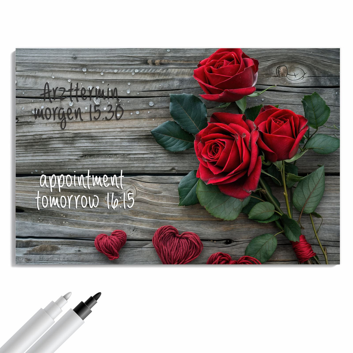 Beschreiben, abwischen, anheften – Metall Magnettafel - Drei Rosen mit Herzen