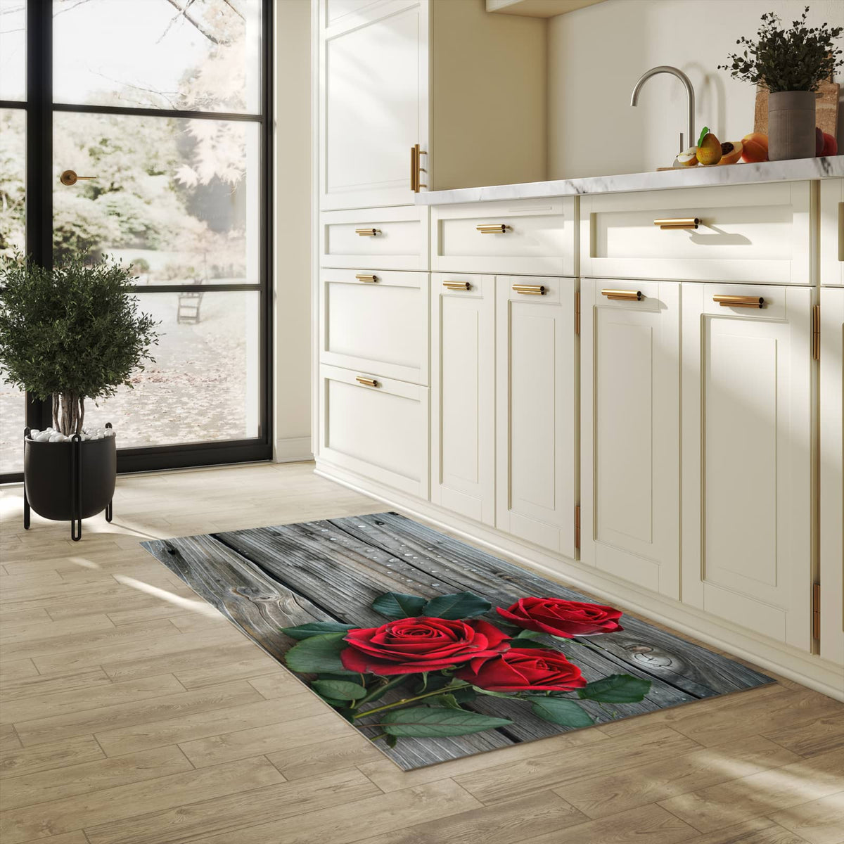 Hygienischer Küchenteppich mit Motiv Romantische Rosenherzen in heller Küche