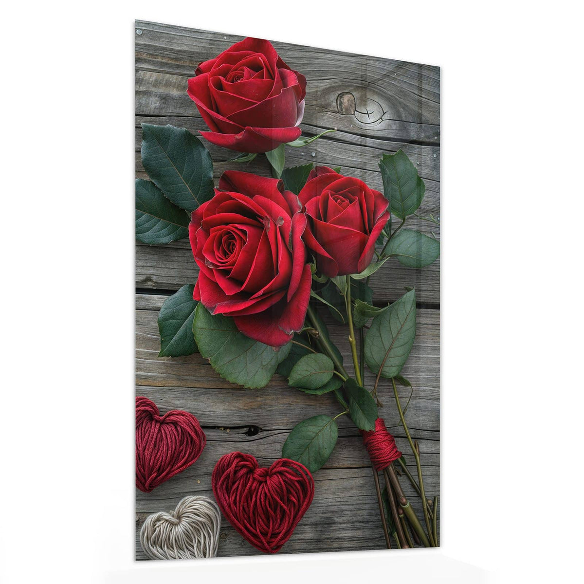11 Größen – von 30 × 60 bis 60 × 150 cm – Wandbild - Drei Rosen mit Herzen - Hochformat