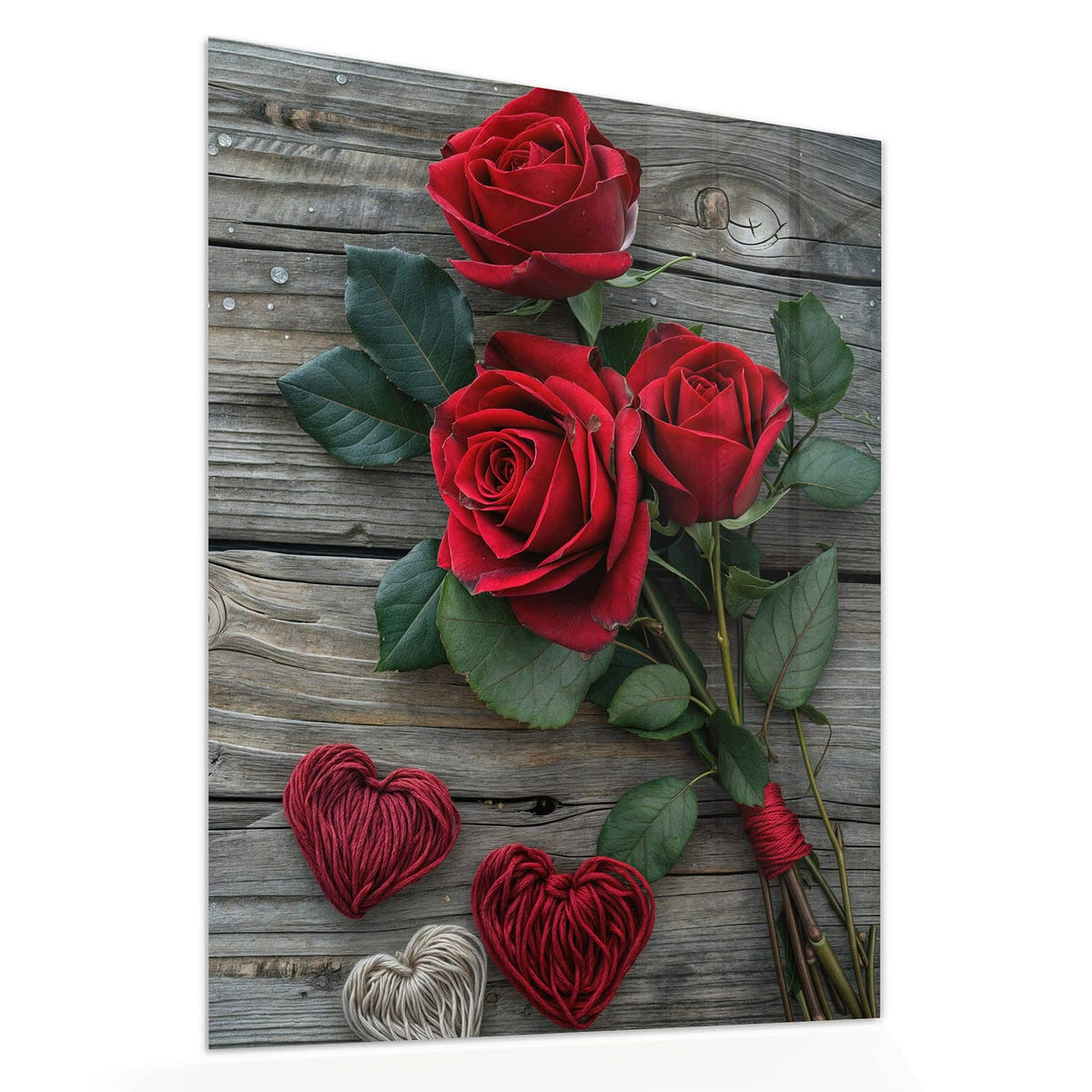 Echtglas, 4 mm – kein Acryl, keine Folie – Wandbild - Drei Rosen mit Herzen - Hochformat