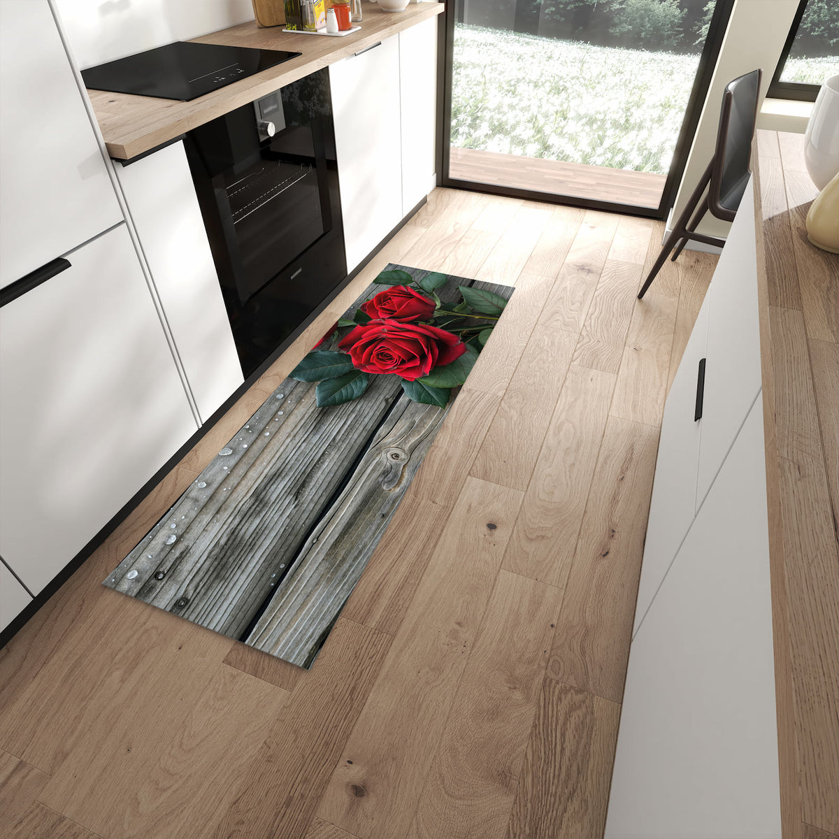 Abriebfester Küchenteppich mit Motiv Romantische Rosenherzen in moderner Küche