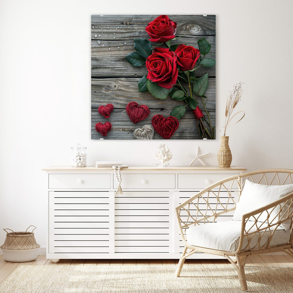 Echtglas, 4 mm – kein Acryl, keine Folie – Wandbild - Drei Rosen mit Herzen - Quadratisch