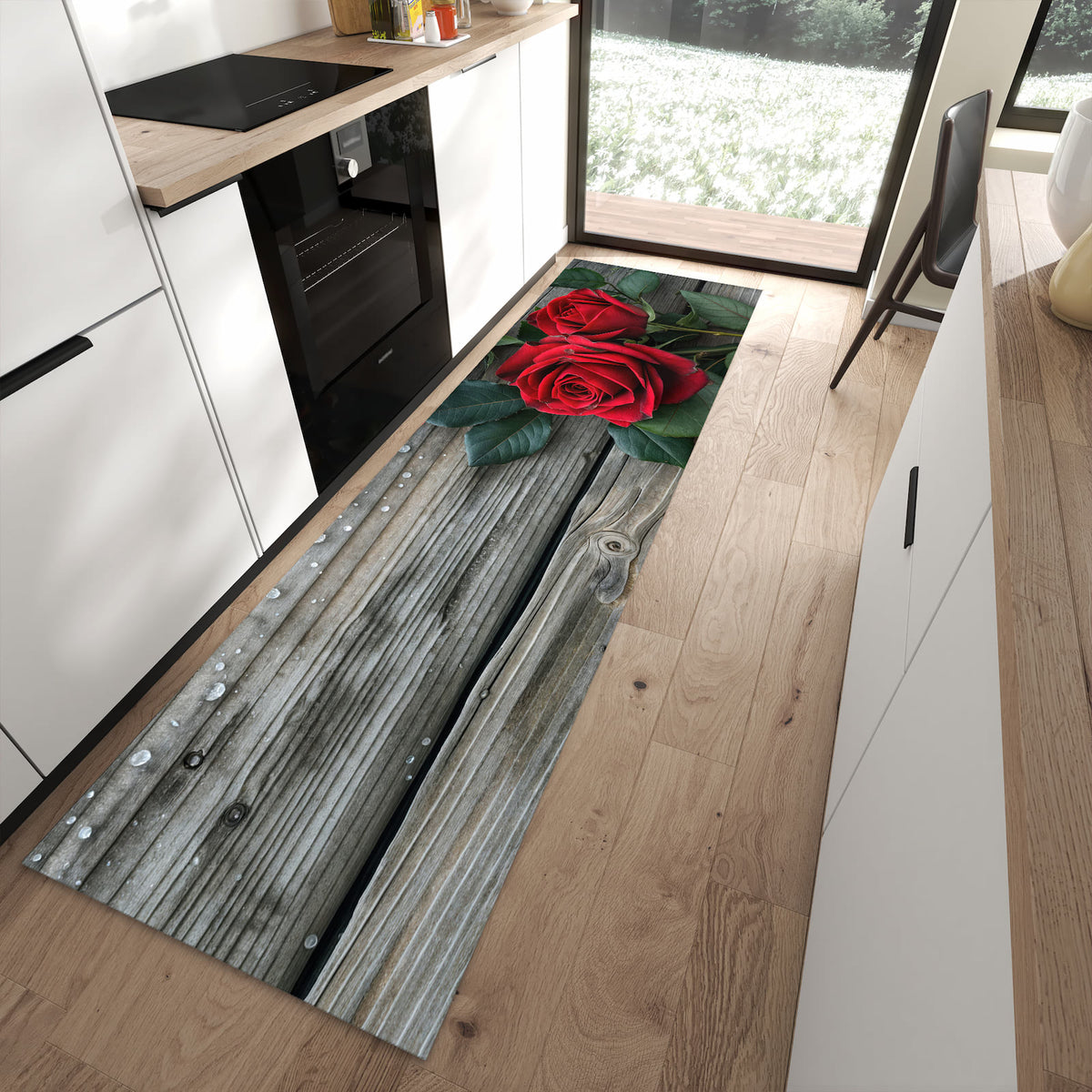 Langlebiger Küchenteppich mit Motiv Romantische Rosenherzen in moderner Küche