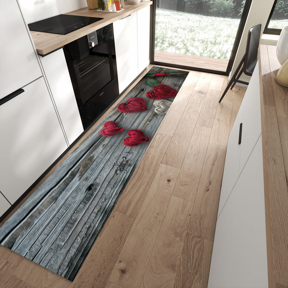 Wasserabweisender Teppich für Küche mit Motiv Romantische Rosenherzen in moderner Küche