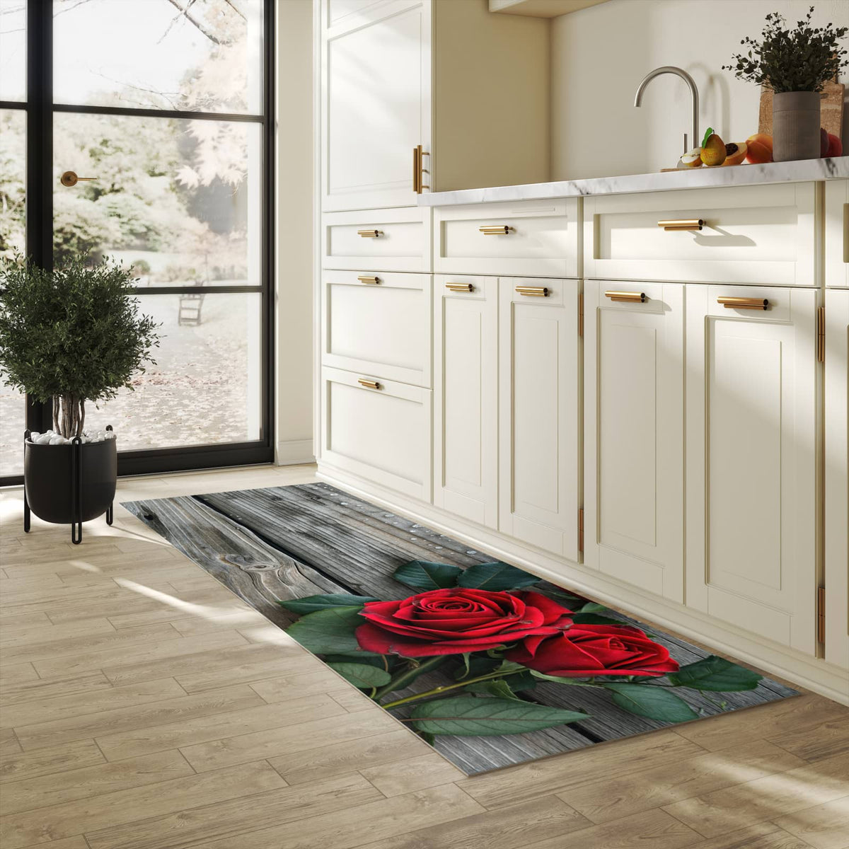 Rutschhemmender Küchenläufer mit Motiv Romantische Rosenherzen in heller Küche