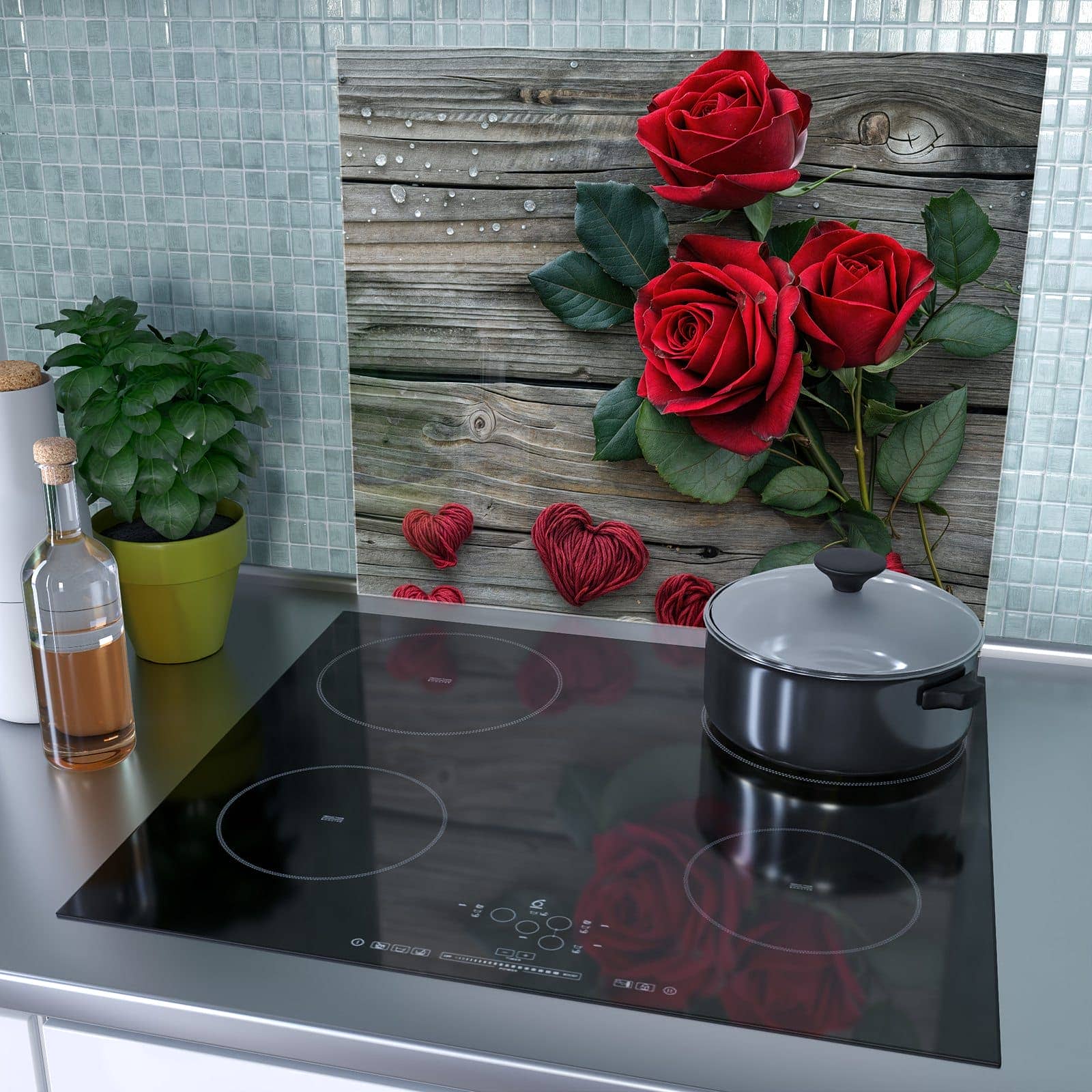 1-teilige Herdabdeckplatte mit Romantische Rosenherzen-Motiv als Spritzschutz hinter dem Kochfeld