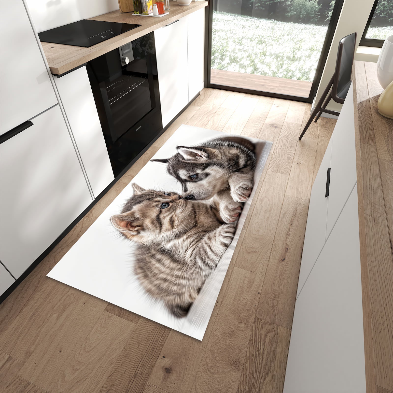 Formstabiler Küchenläufer nach Maß mit Motiv Kätzchen und Welpe in moderner Küche