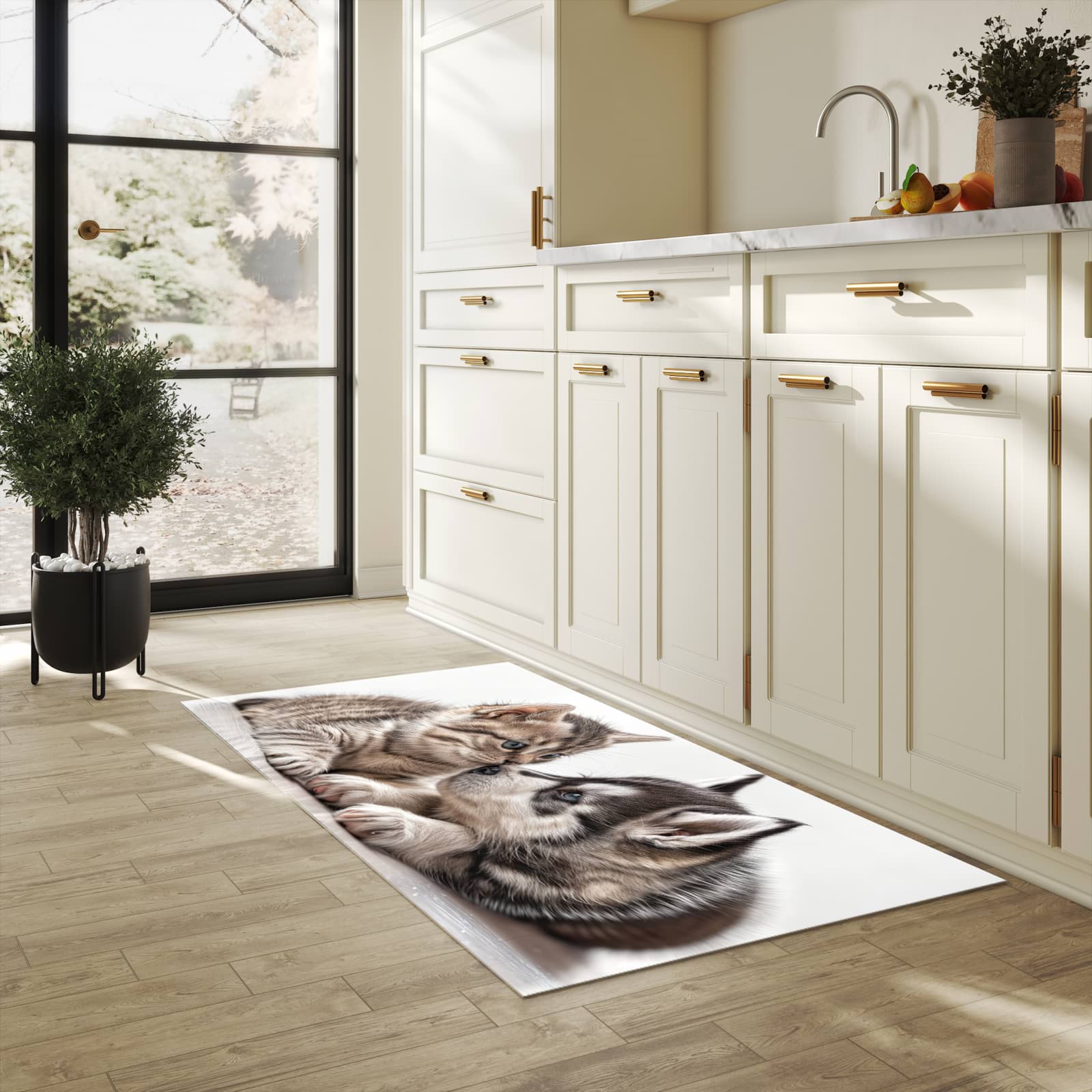 UV-beständiger Küchenläufer mit Motiv Kätzchen und Welpe in heller Küche