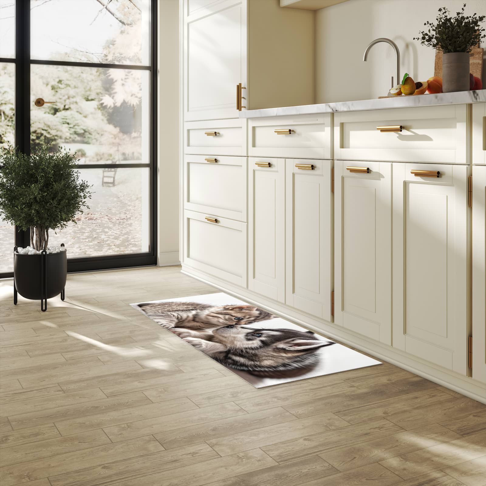 Feuchtigkeitsresistenter Küchenteppich mit Motiv Kätzchen und Welpe in heller Küche