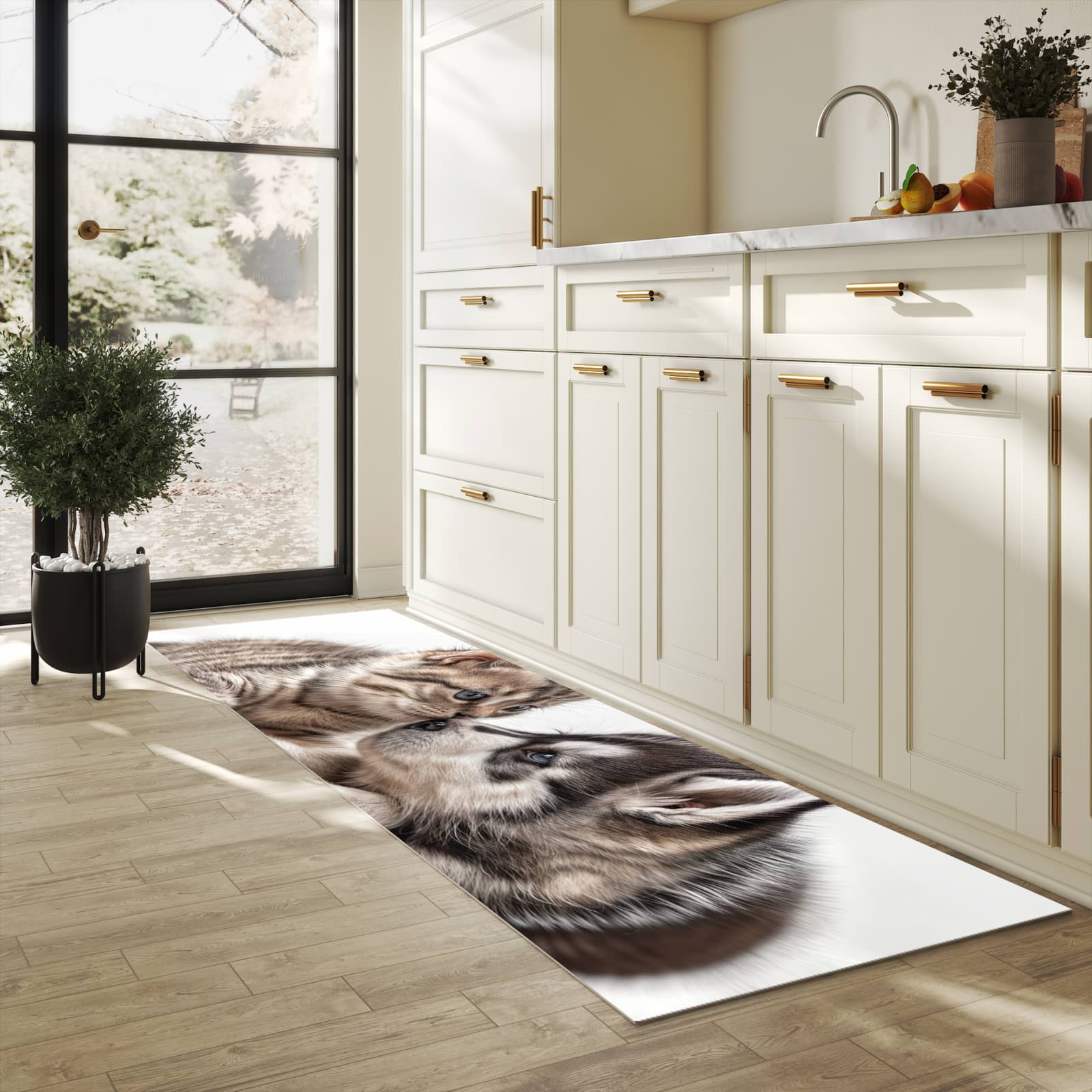 Geräuschdämpfender Küchenläufer mit Motiv Kätzchen und Welpe in heller Küche