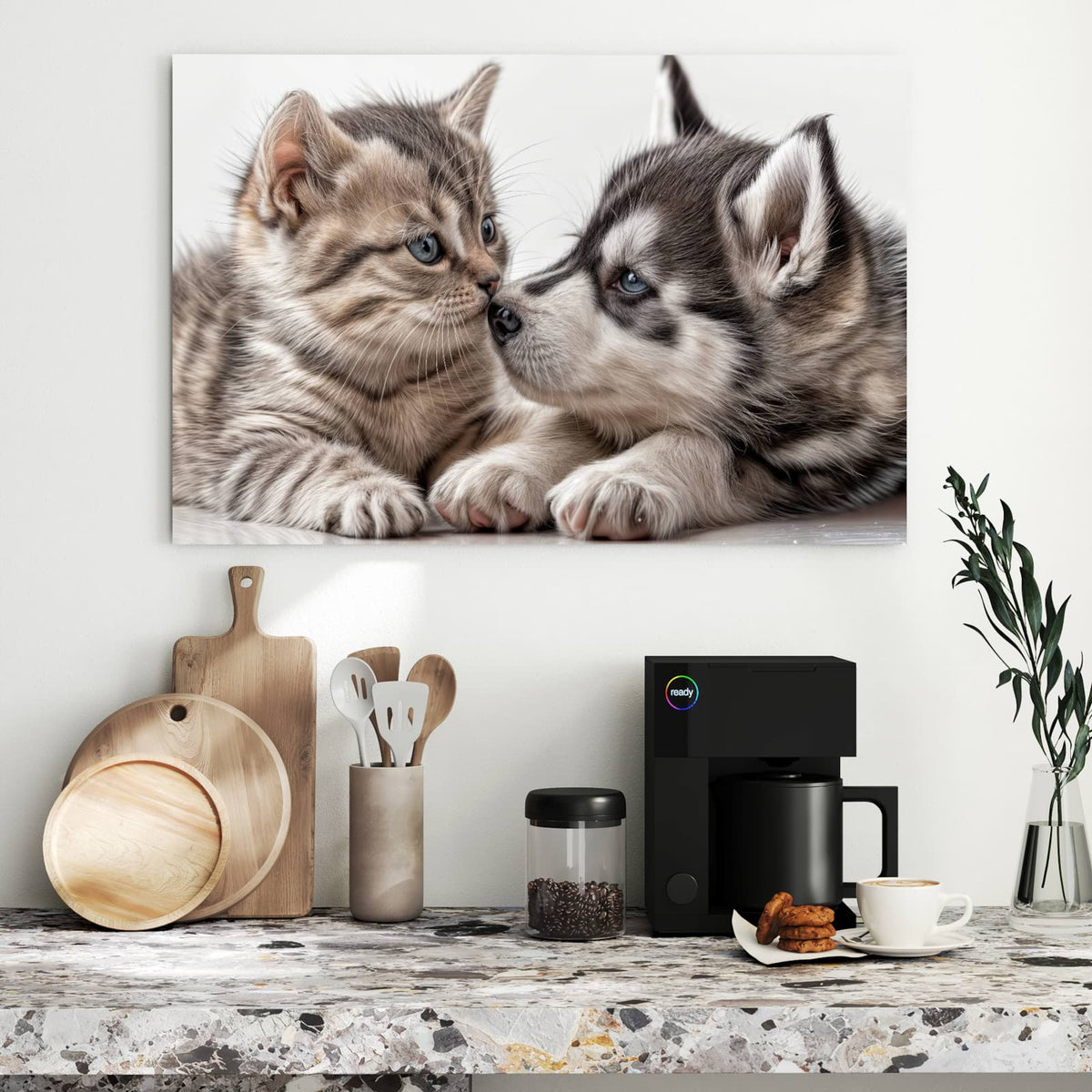 Metall Magnettafel - Husky und Kätzchen – Husky und Kätzchen Nase an Nase