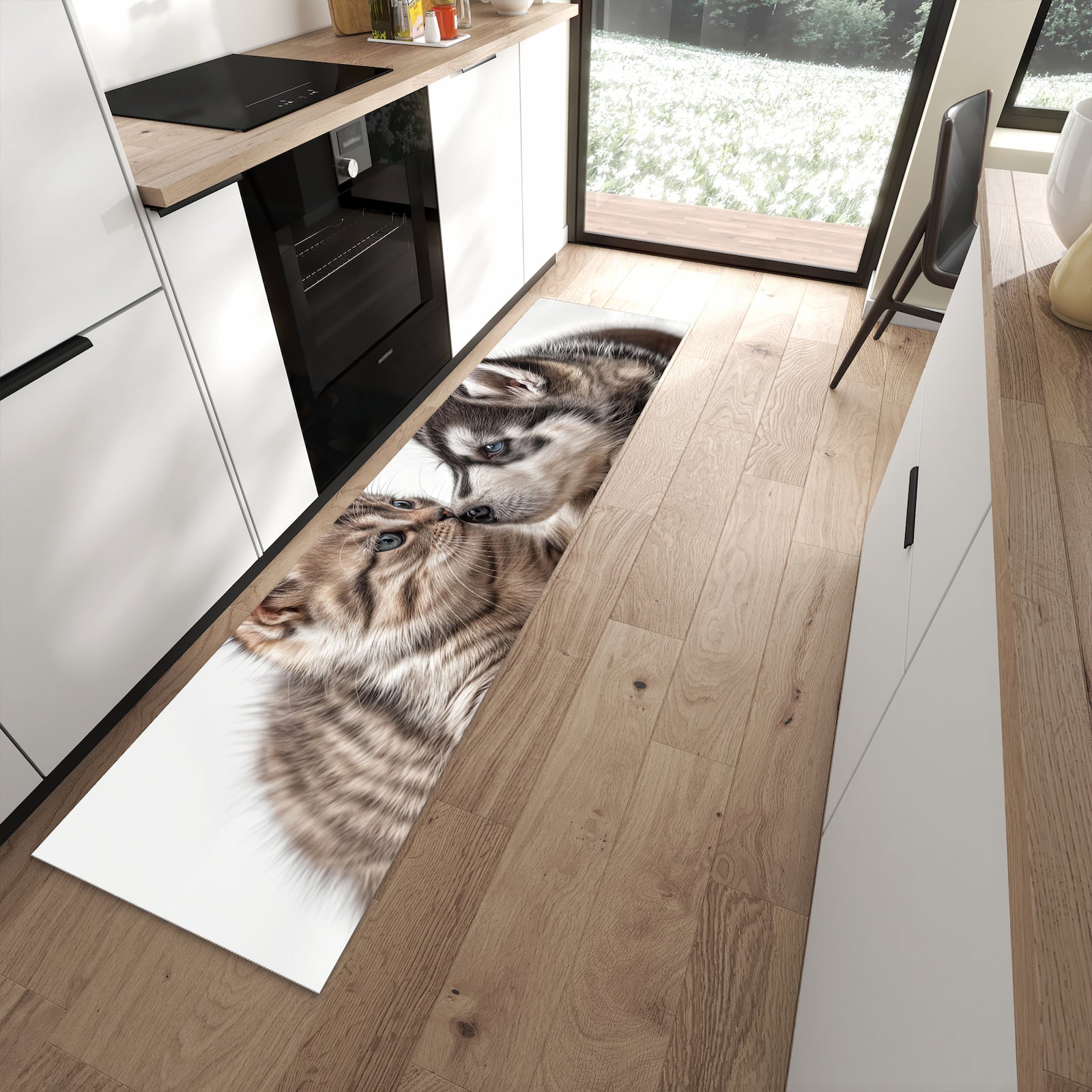 Waschbarer Küchenläufer mit Motiv Kätzchen und Welpe in moderner Küche