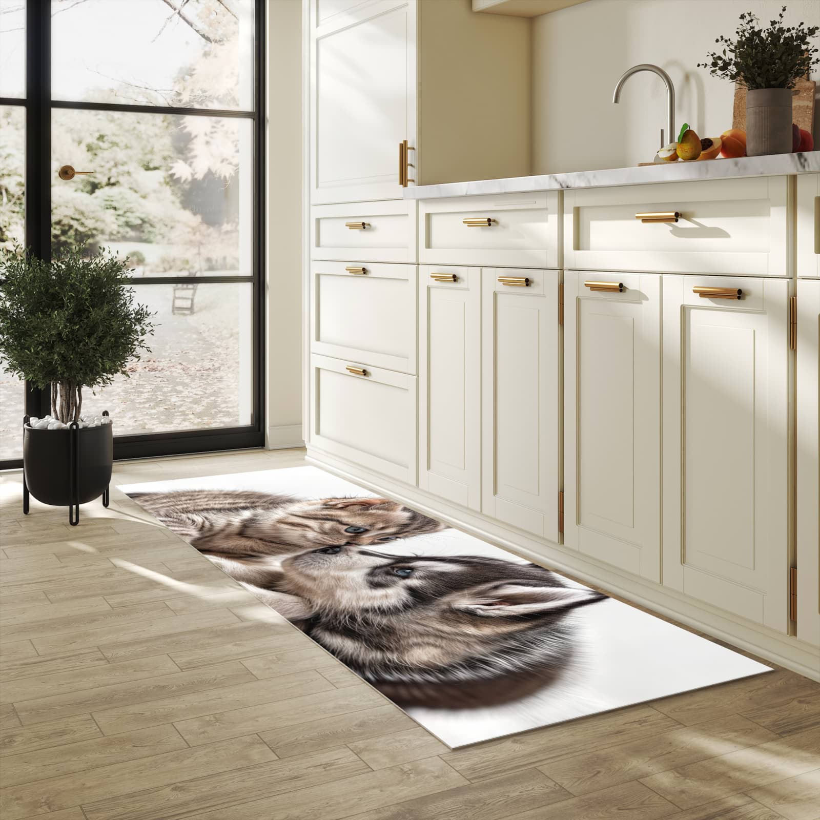 Zeitsparender waschbarer Küchenteppich mit Motiv Kätzchen und Welpe in heller Küche