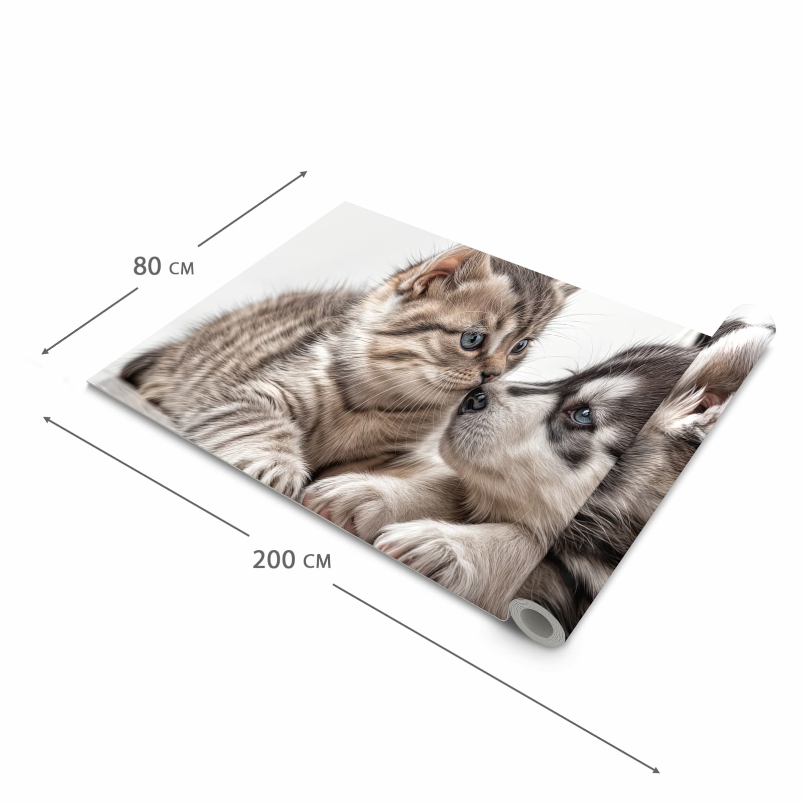 Strapazierfähiger dünner Teppich mit Motiv Kätzchen und Welpe in der Grösse 60x300 cm