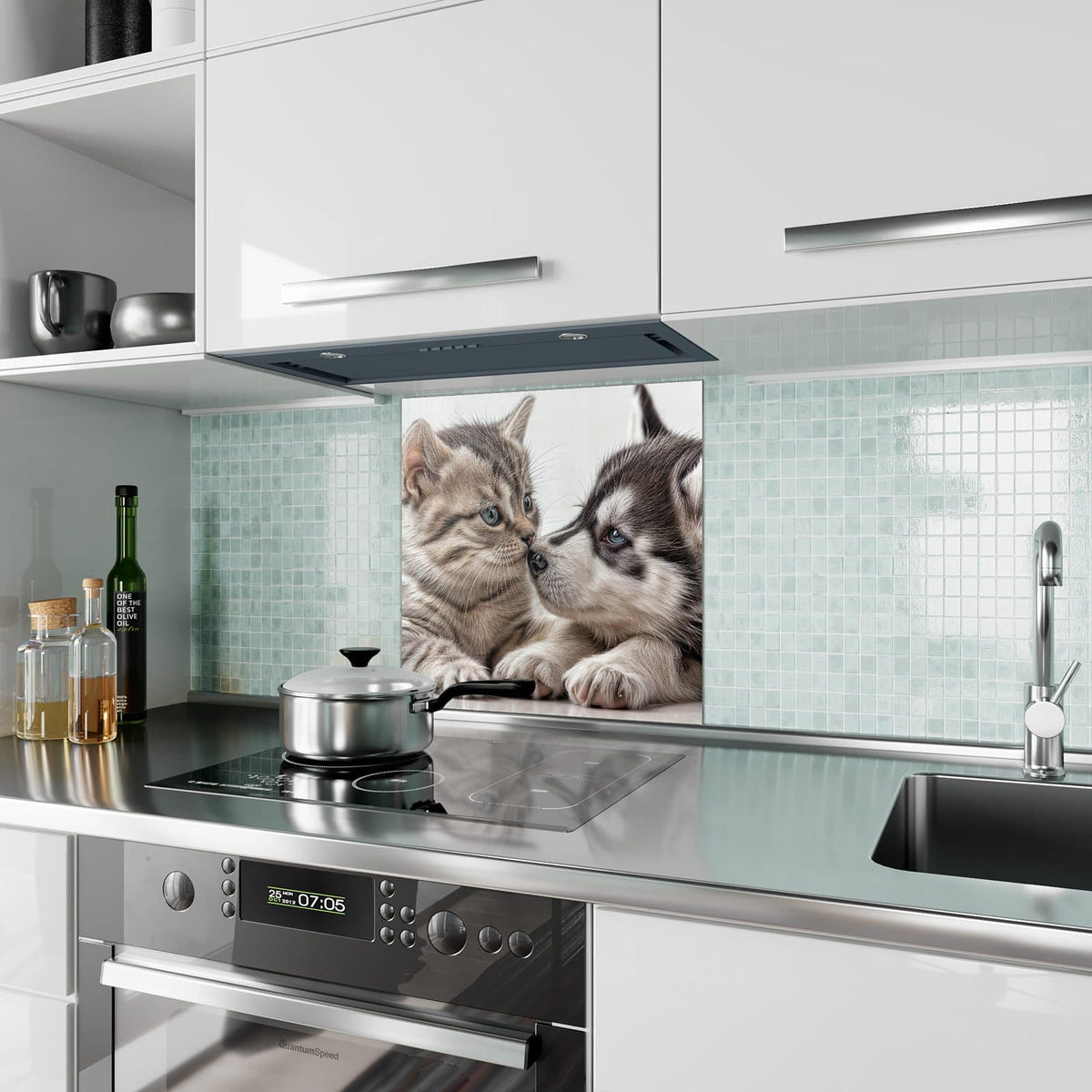 Küchenrückwand Husky und Kätzchen aus Glas – Husky und Kätzchen Nase an Nase