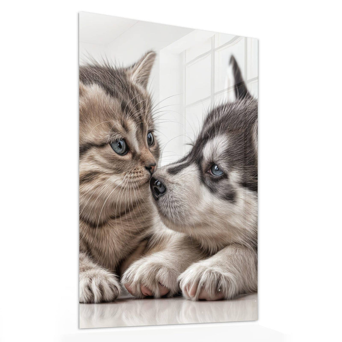 Glasbild Husky und Kätzchen von der Seite, 4 mm Echtglas