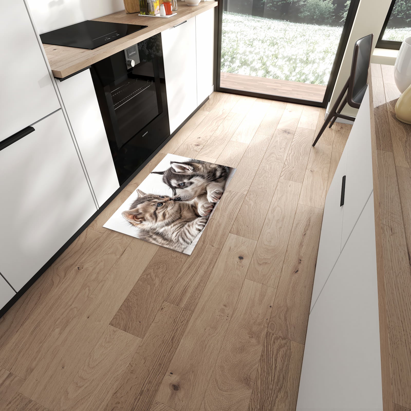 Feuchtigkeitsresistenter rutschfester Küchenläufer mit Motiv Kätzchen und Welpe in moderner Küche