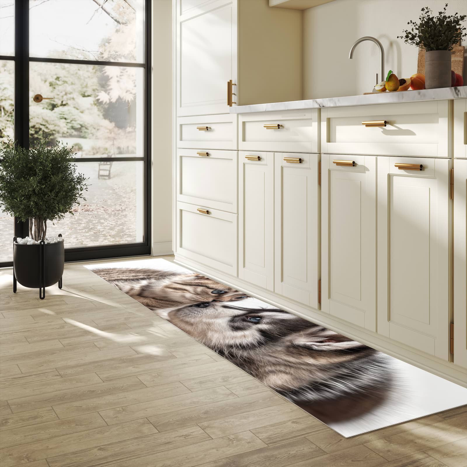 Farbbeständiger waschbarer Küchenteppich mit Motiv Kätzchen und Welpe in heller Küche