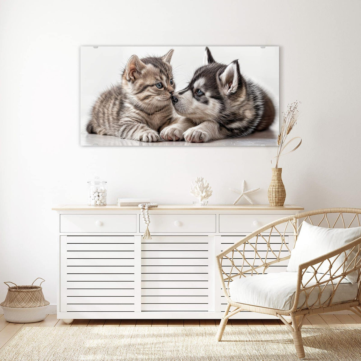 Echtglas, 4 mm – kein Acryl, keine Folie – Wandbild - Husky und Kätzchen - Querformat