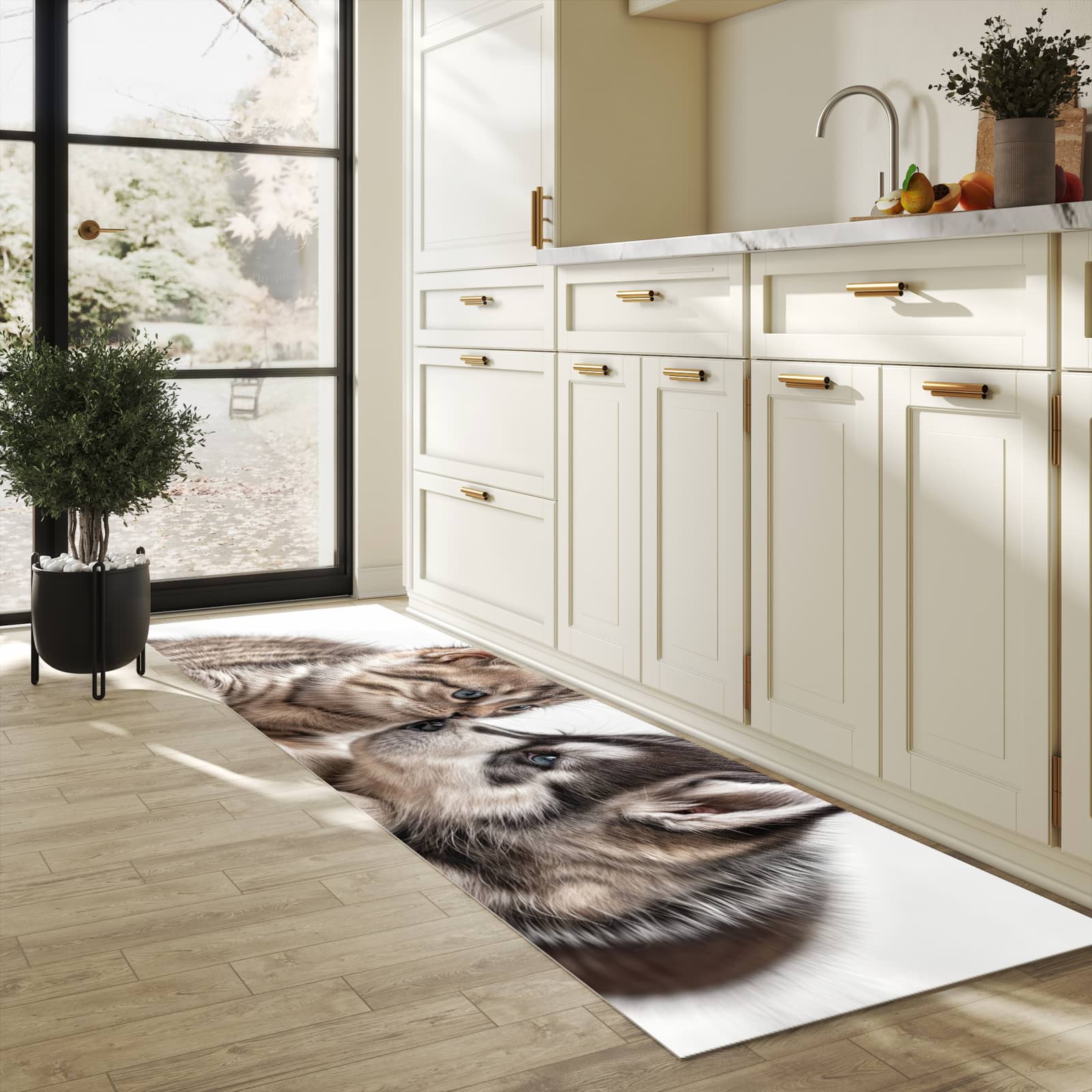 Abriebfester Küchenläufer mit Motiv Kätzchen und Welpe in heller Küche