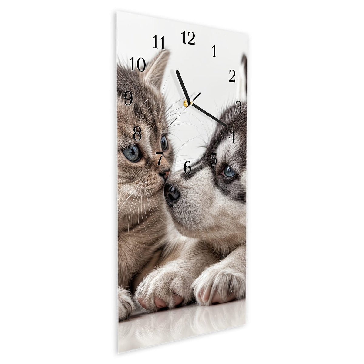Vormontiert – mit Schwebeeffekt – Wanduhr Kätzchen und Welpe aus Glas – Hochformat 30 × 60 cm