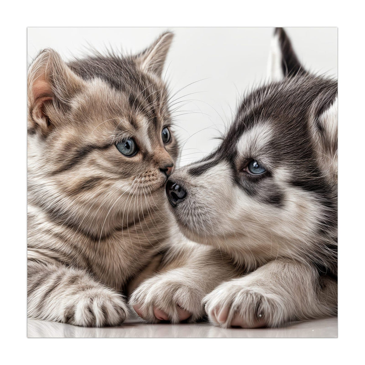 Getigertes Kätzchen und Husky-Welpe liegen Nase an Nase beieinander