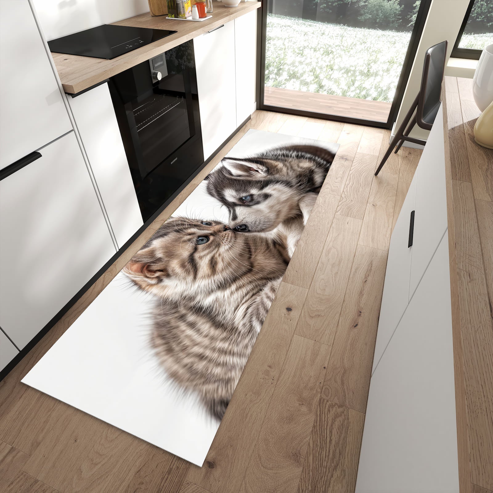 Waschbarer Küchenläufer mit Motiv Kätzchen und Welpe für Ordnung in moderner Küche