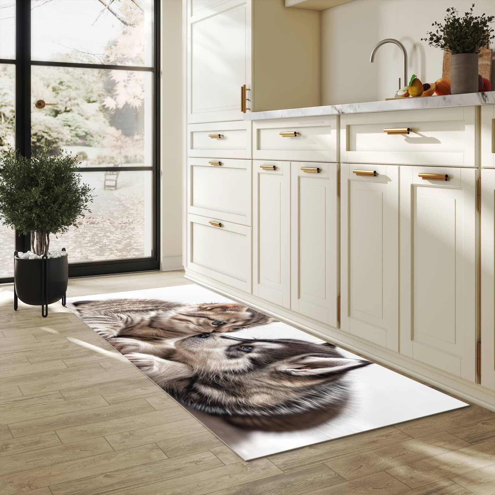 Rutschfester Küchenläufer mit Motiv Kätzchen und Welpe für Trittkomfort in heller Küche