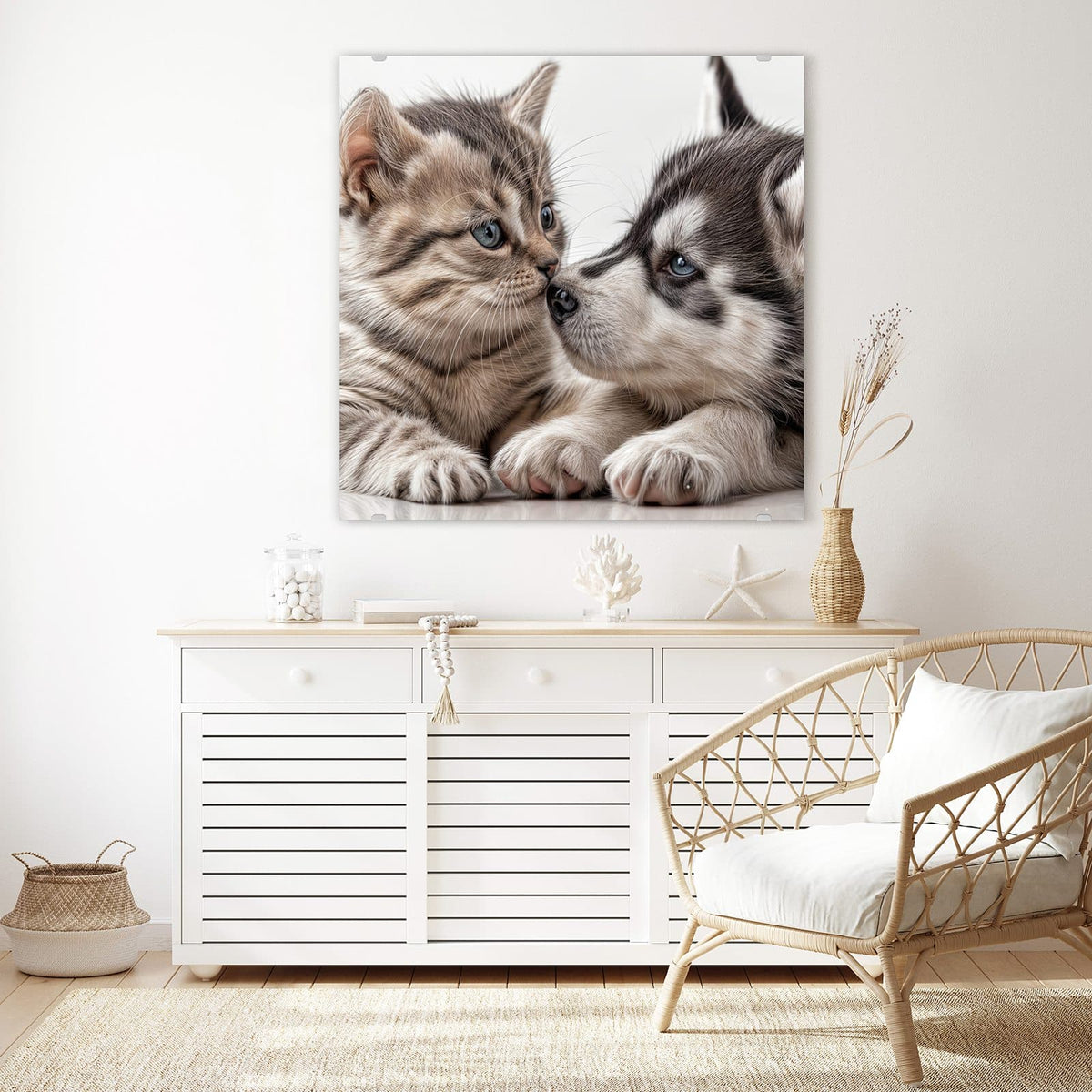 Echtglas, 4 mm – kein Acryl, keine Folie – Wandbild - Husky und Kätzchen - Quadratisch