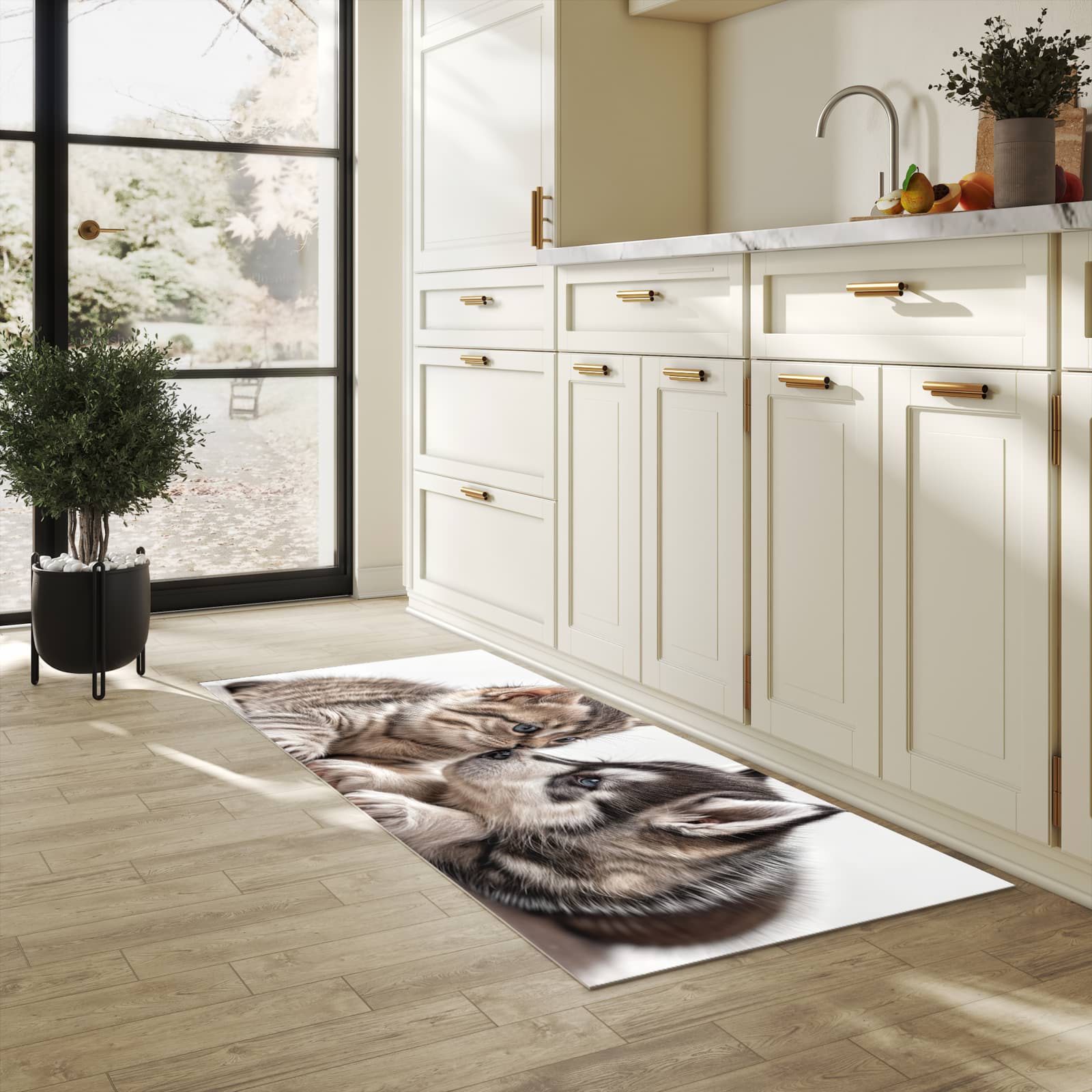 Rutschfester Küchenteppich mit Motiv Kätzchen und Welpe in heller Küche für sicheren Stand