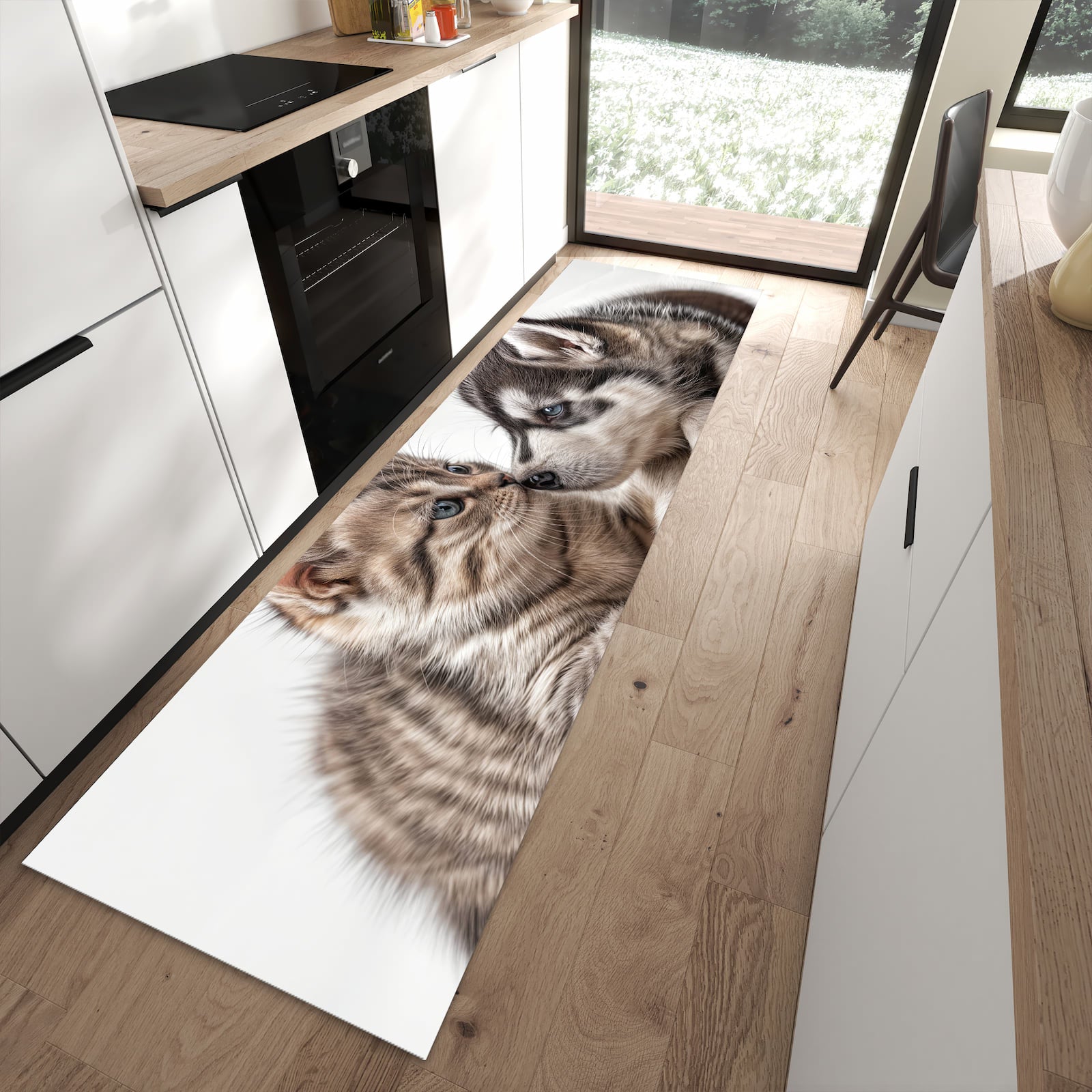Bodenschonender rutschfester Küchenläufer mit Motiv Kätzchen und Welpe in moderner Küche