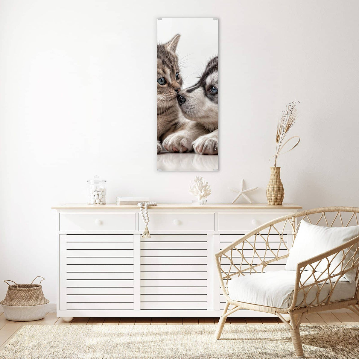 Wandbild - Husky und Kätzchen - Hochformat – Husky und Kätzchen Nase an Nase