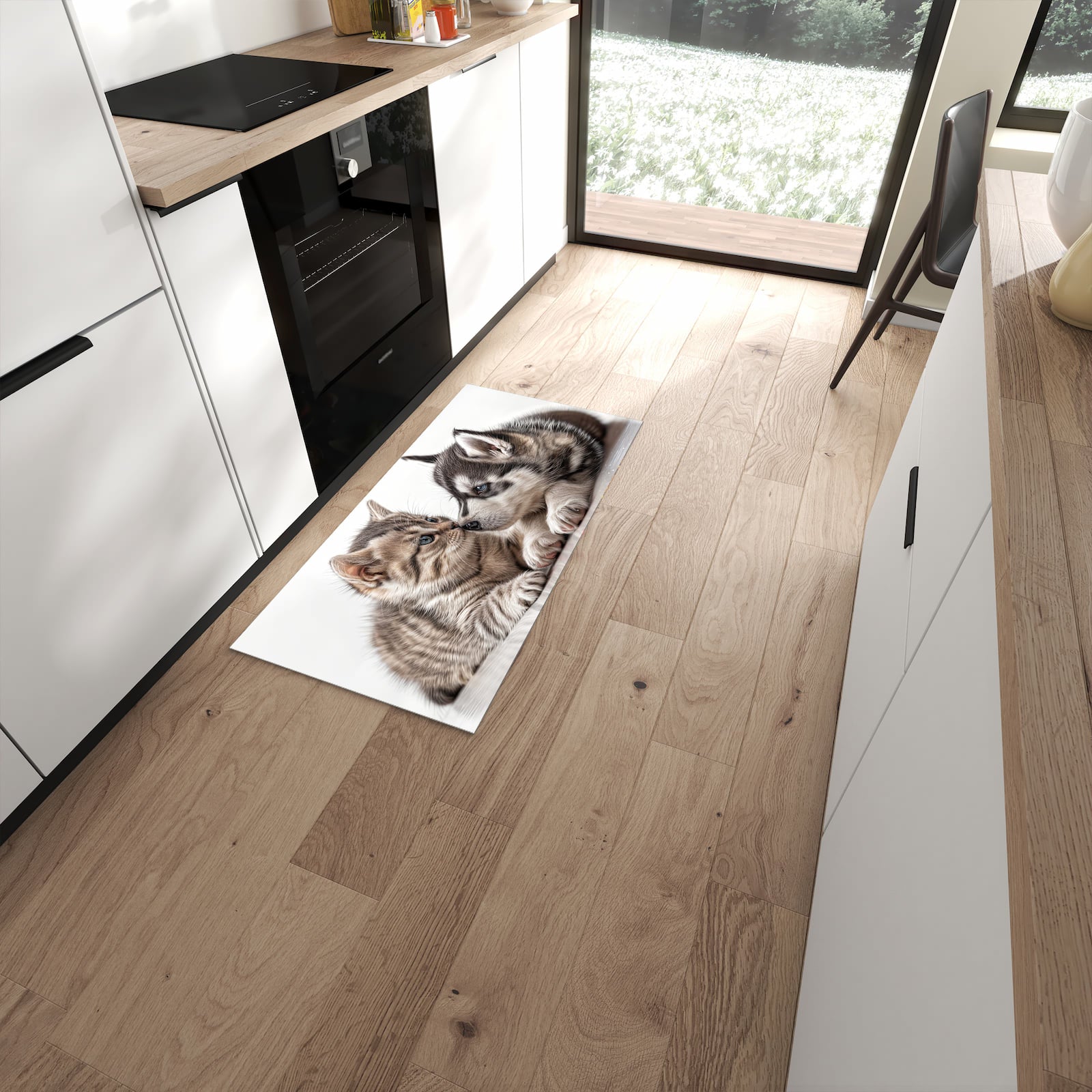 Rutschfester Küchenteppich mit Motiv Kätzchen und Welpe für angenehmes Stehen in moderner Küche #grösse_60 x 120 cm