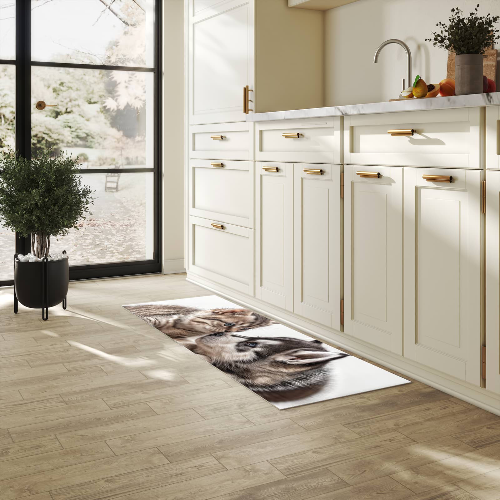 Rutschfester Küchenteppich mit Motiv Kätzchen und Welpe in heller Küche schützt den Boden