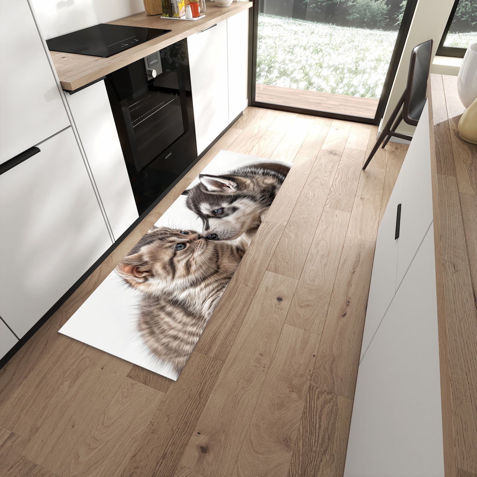 Strapazierfähiger Küchenläufer mit Motiv Kätzchen und Welpe in moderner Küche