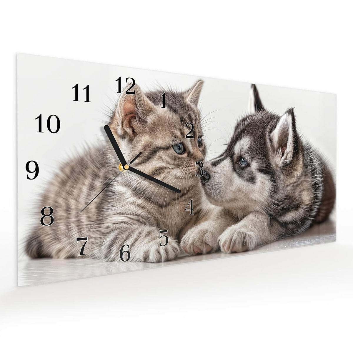 Vormontiert – mit Schwebeeffekt – Wanduhr Kätzchen und Welpe aus Glas – Querformat 60 × 30 cm