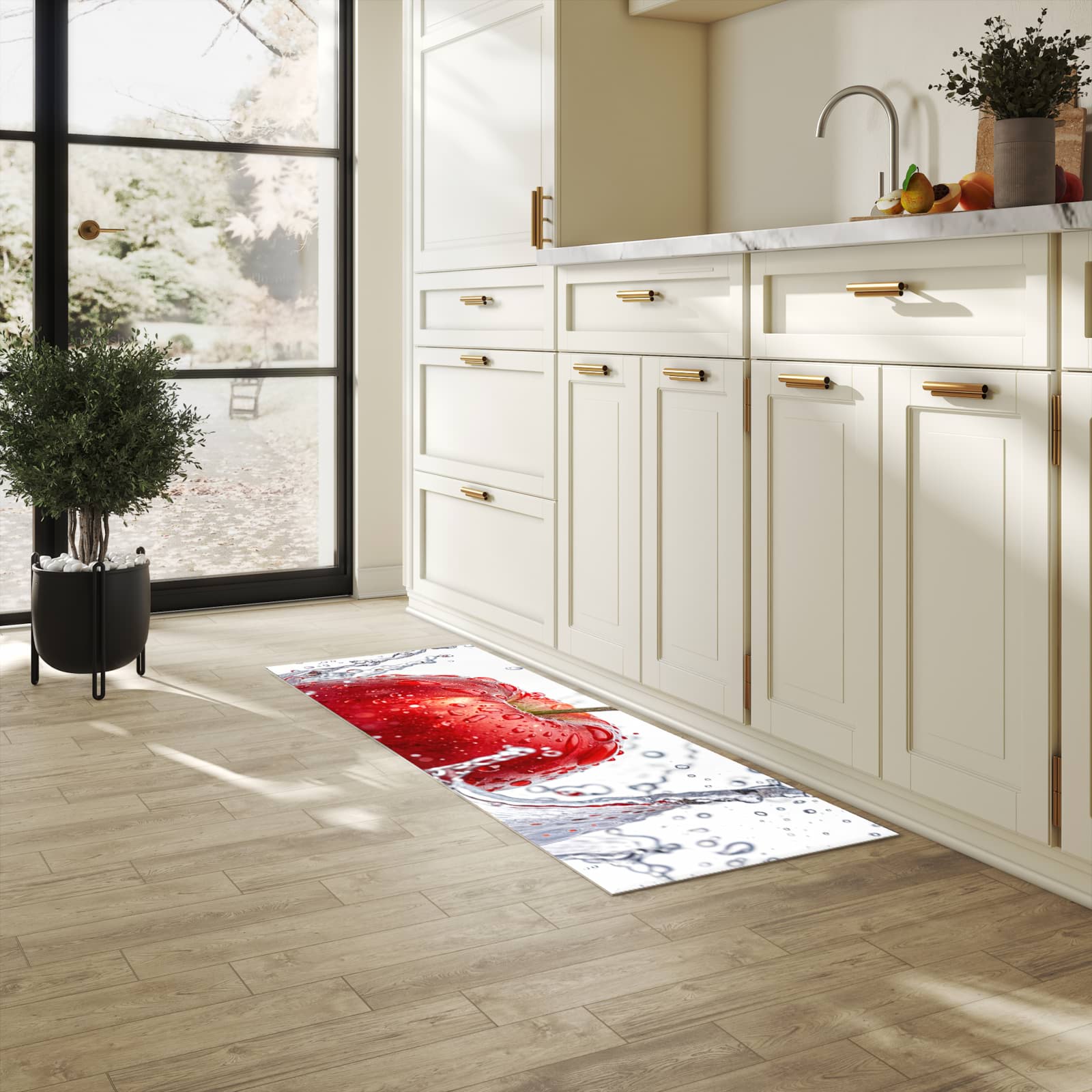 Langlebiger Läufer mit Motiv Spritzender Apfel für Eingangsbereich in heller Küche