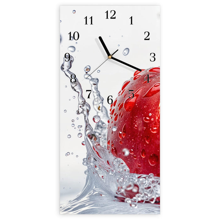 Wanduhr Spritzender Apfel aus Glas – Hochformat 30 × 60 cm mit Ziffernblatt Klassisch