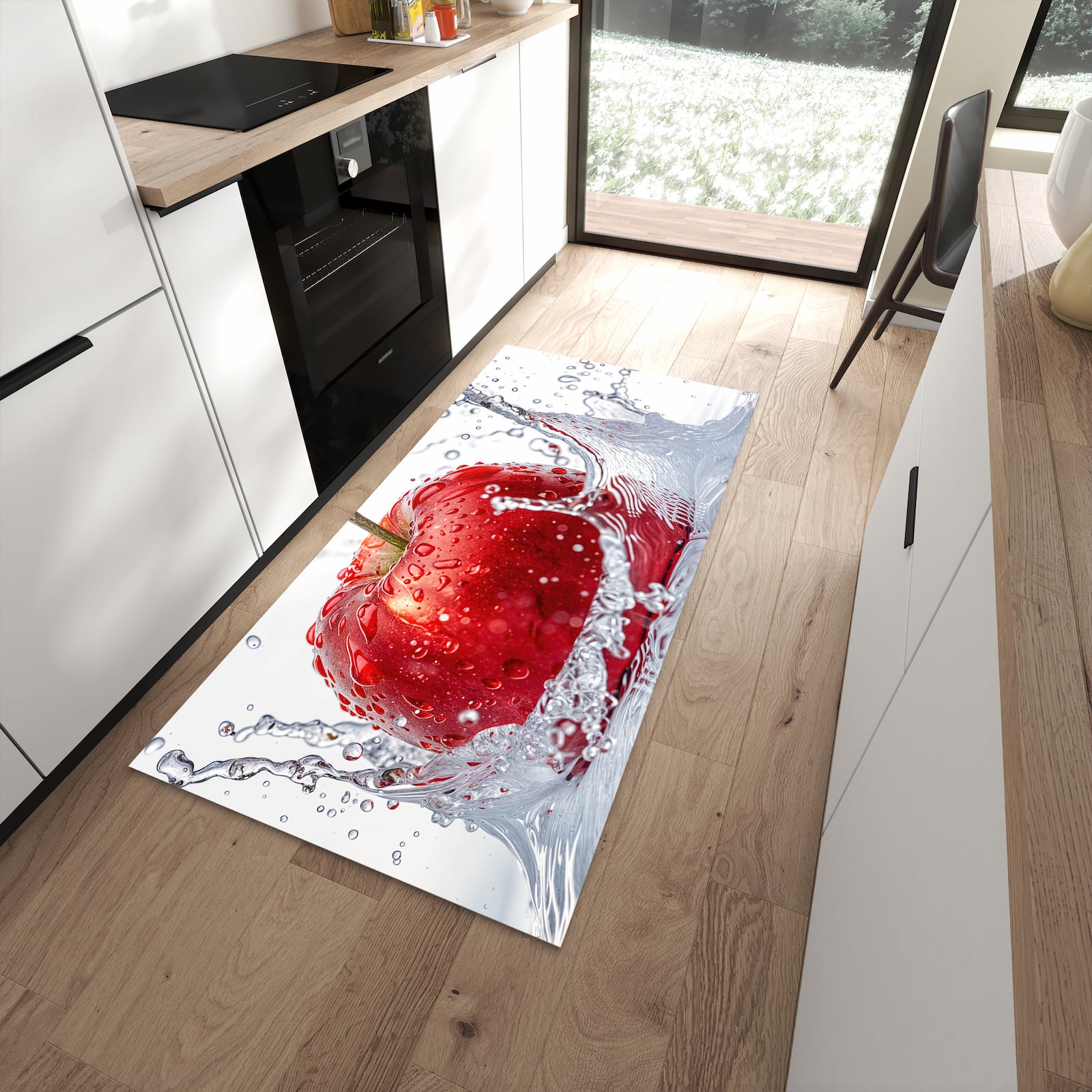 Rutschfester waschbarer Küchenteppich mit Motiv Spritzender Apfel in moderner Küche