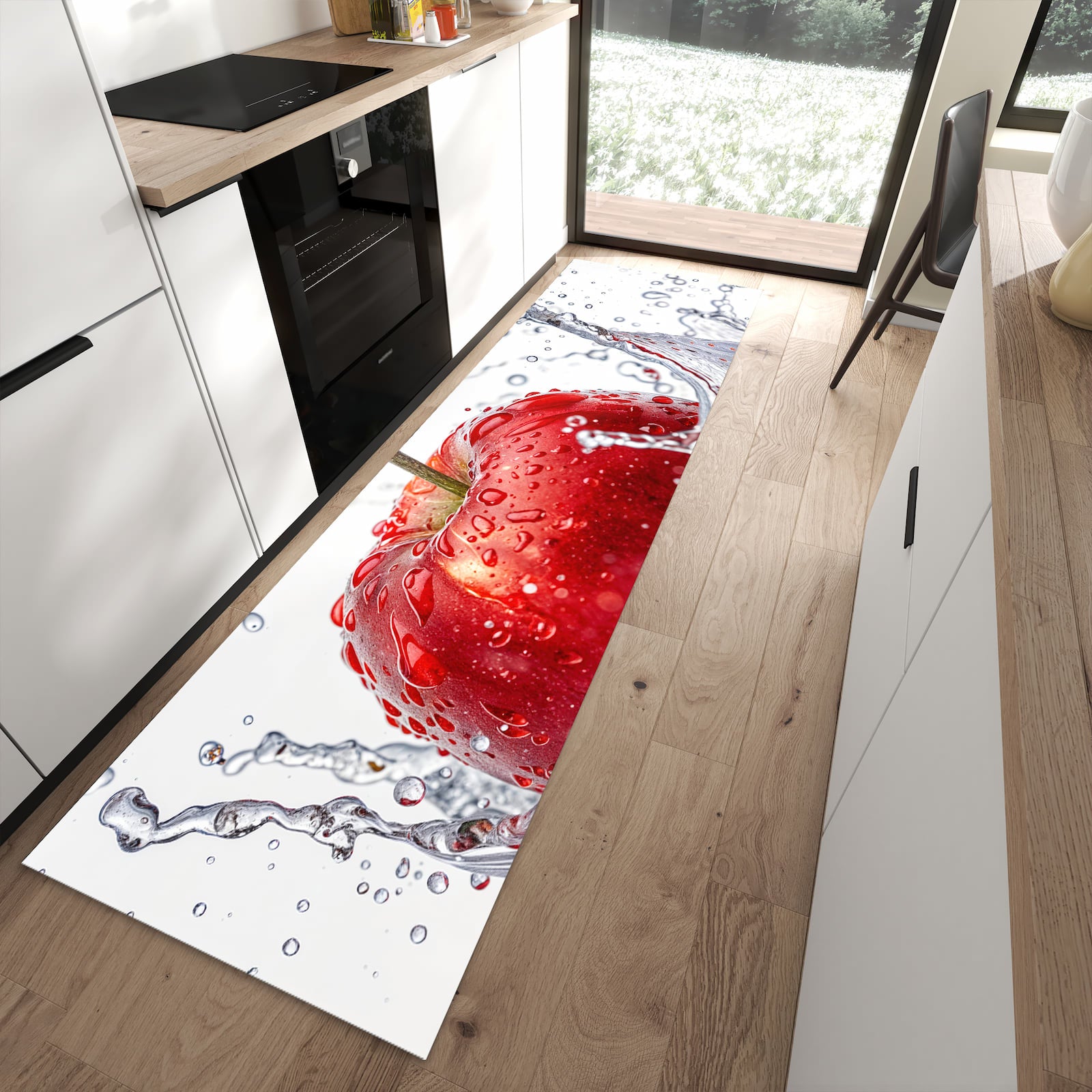 Pflegeleichter Küchenteppich mit Motiv Spritzender Apfel in moderner Küche