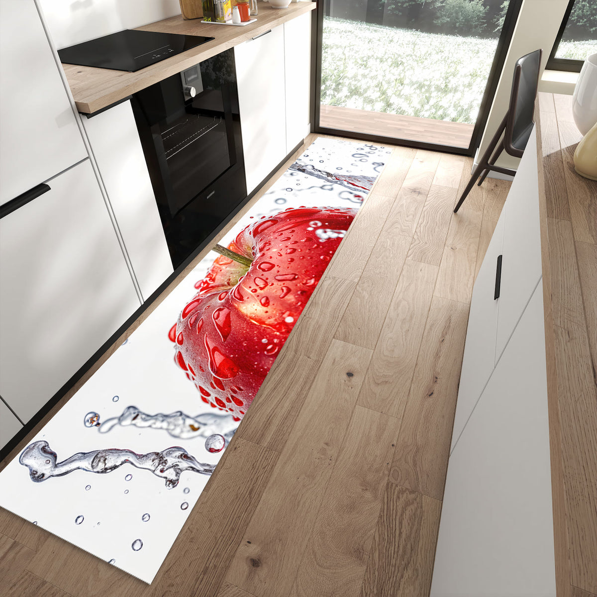 13 Größen – von 60 × 90 bis 80 × 300 cm – Küchenläufer - Roter Apfel im Spritzer