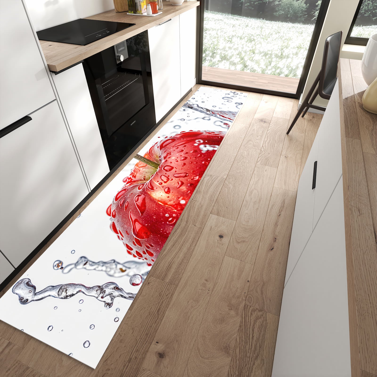 Schmutzabweisender Küchenteppich mit Motiv Spritzender Apfel in moderner Küche
