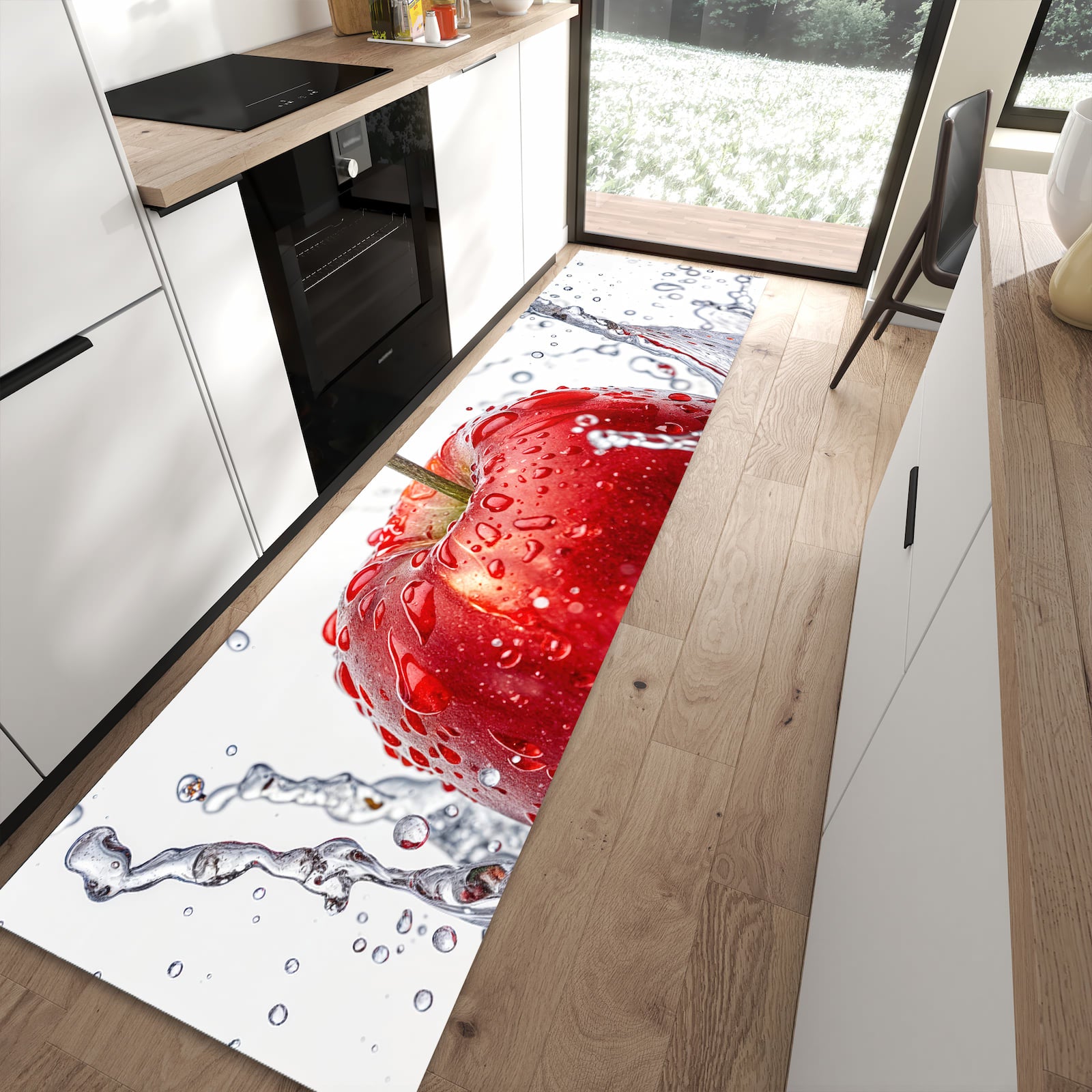 Komfortabler waschbarer Küchenteppich mit Motiv Spritzender Apfel in moderner Küche