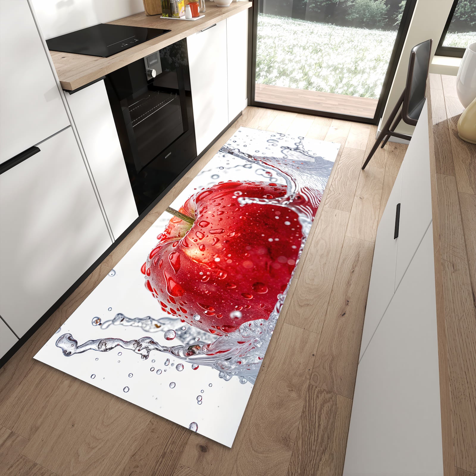 Pflegeleichter großer Küchenteppich mit Motiv Spritzender Apfel in moderner Küche