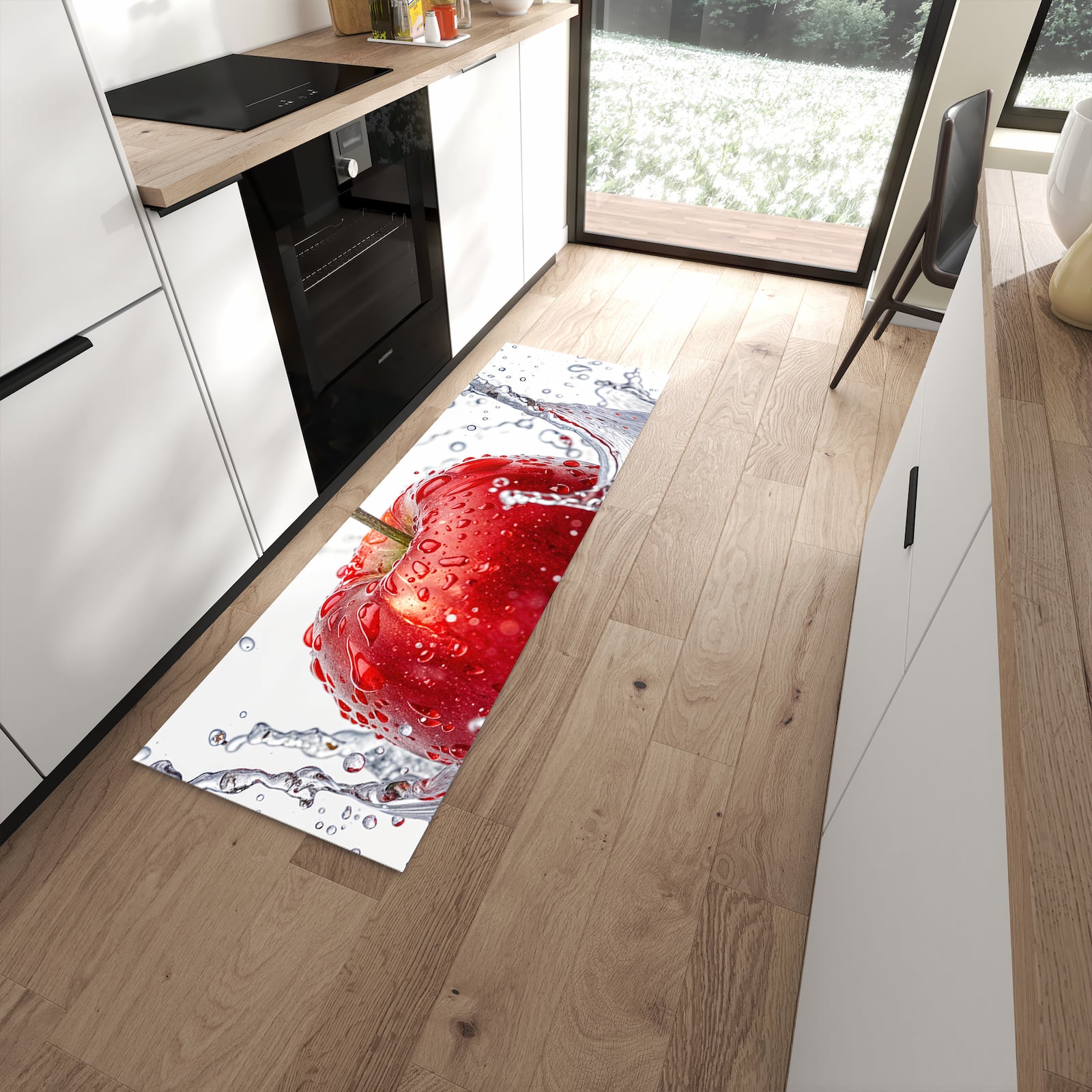 Rutschfester Küchenteppich mit Motiv Spritzender Apfel für Trittkomfort in moderner Küche