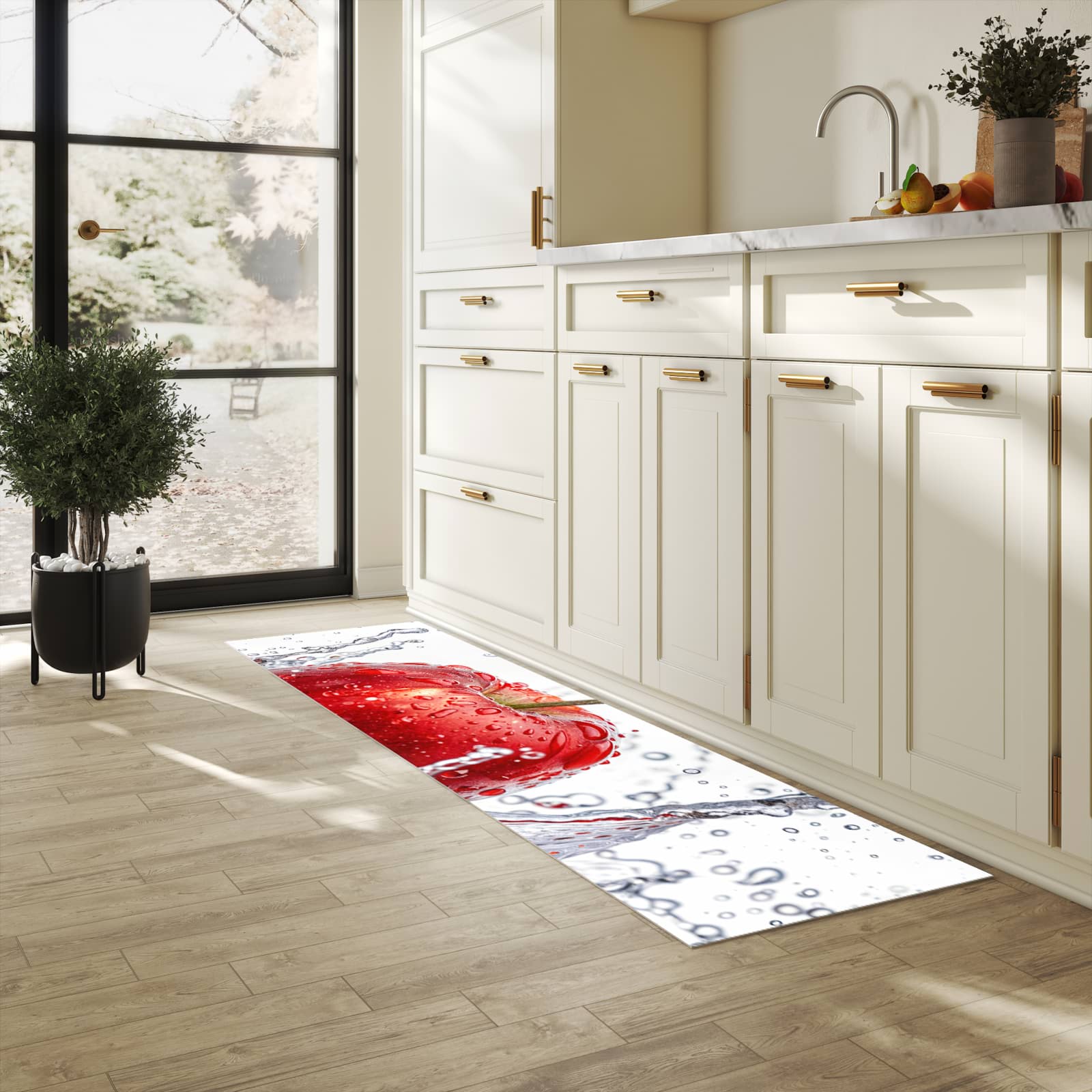 Flacher Läufer mit Motiv Spritzender Apfel für rutschfesten Halt in heller Küche