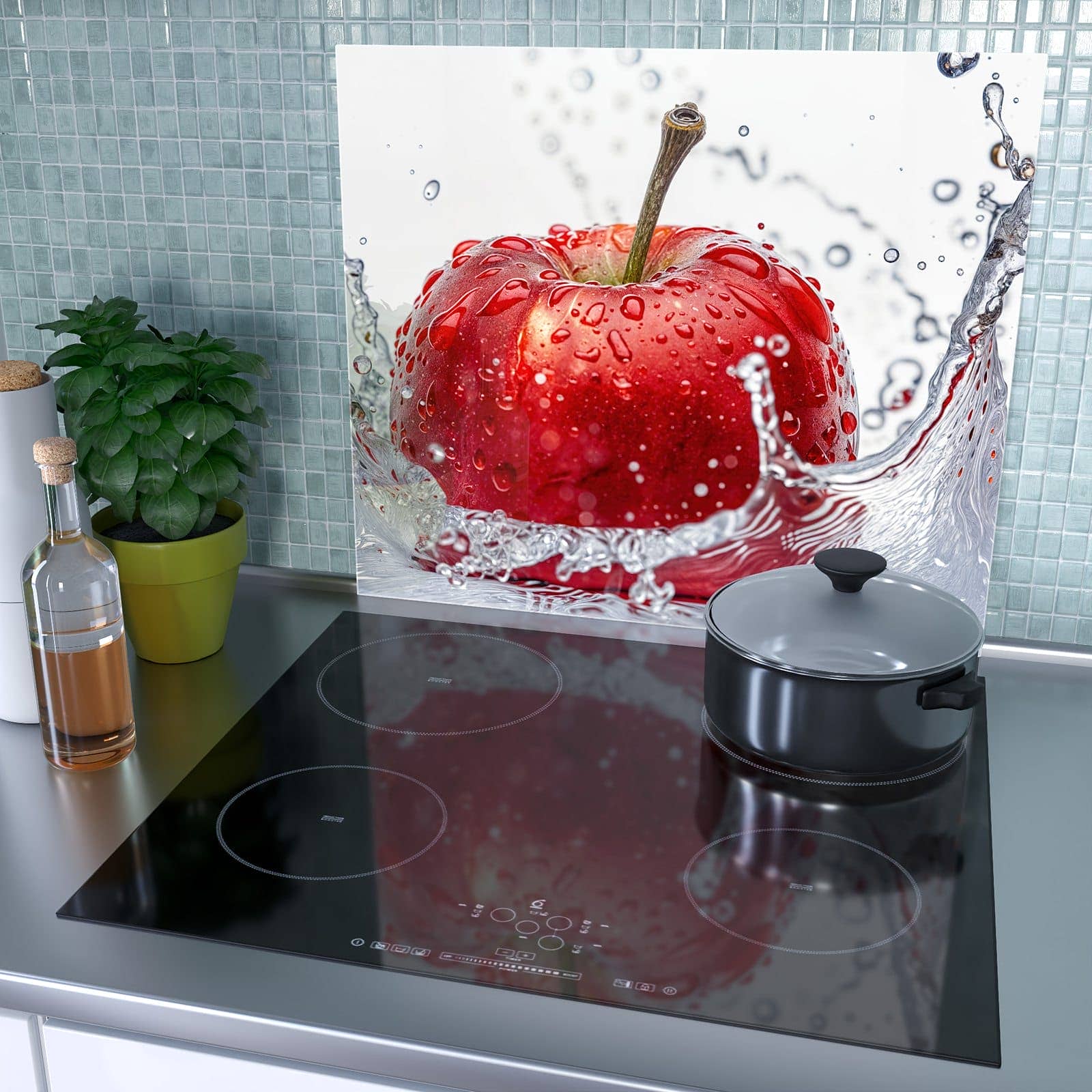 1-teilige Herdabdeckplatten für Ceranfeld mit Spritzender Apfel-Motiv als Spritzschutz hinter dem Kochfeld