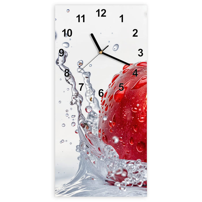 Wanduhr Spritzender Apfel aus Glas – Hochformat 30 × 60 cm mit Ziffernblatt Modern