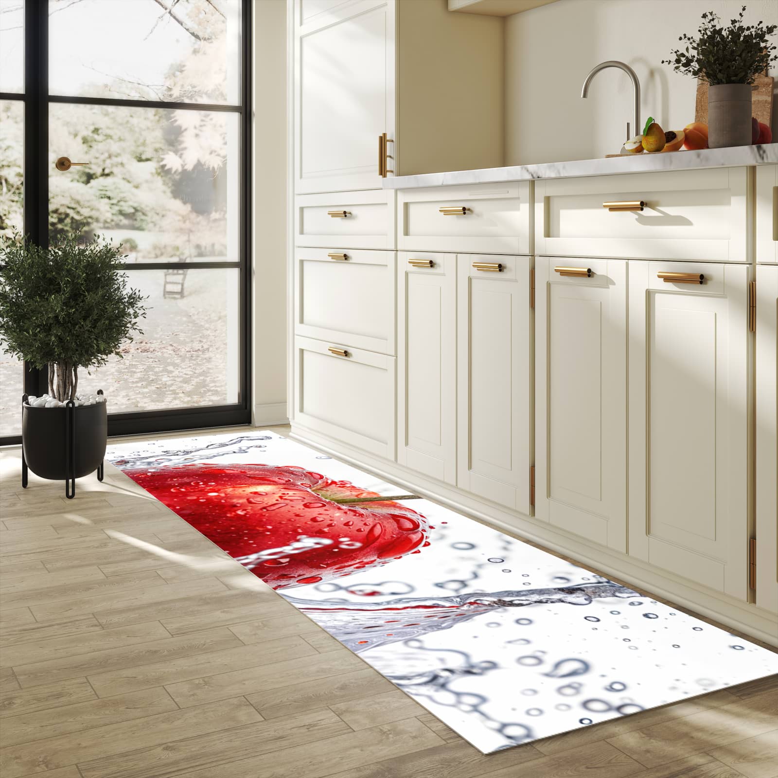 Strapazierfähiger Bodenläufer mit Motiv Spritzender Apfel in heller Küche