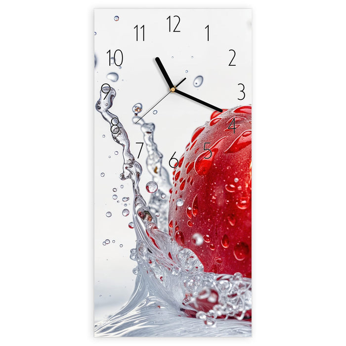 Wanduhr Spritzender Apfel aus Glas – Hochformat 30 × 60 cm mit Ziffernblatt Elegant